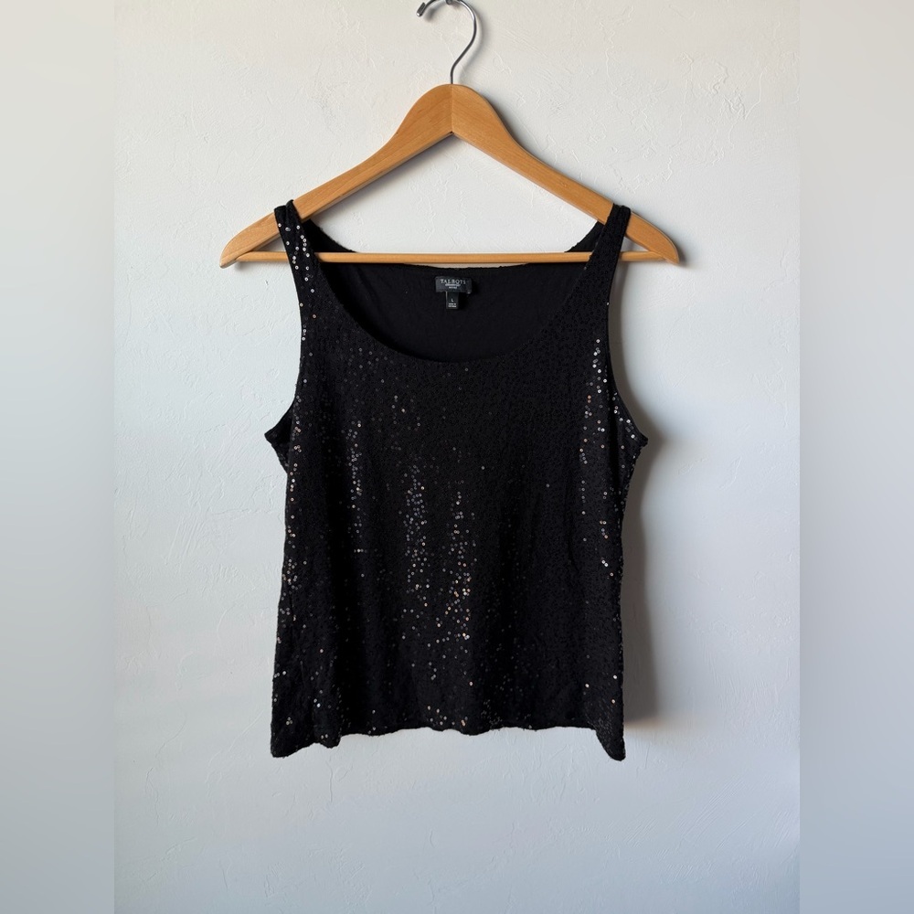 Talbots Black Sequin/Sparkly Scoop Neck Sleeveless Tank Top Fancy Glam Sparkly